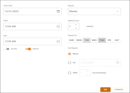 Weekly Repeat Setting Up Recurring Change and BOP